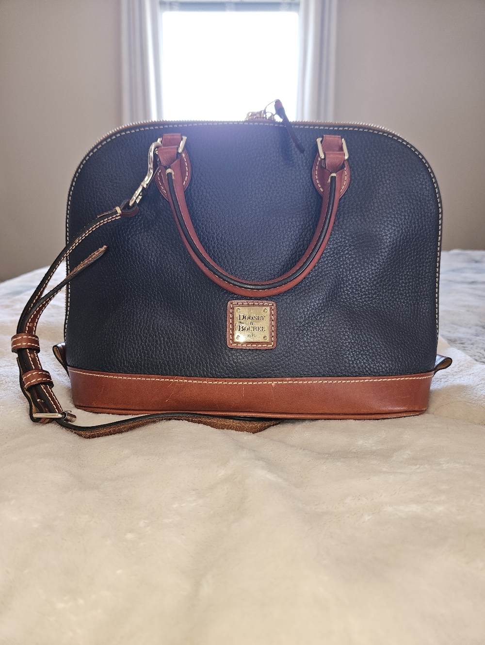 Dooney & Bourke Black Pebbled Leather Satchel with Brown Trim and Gold Hardware